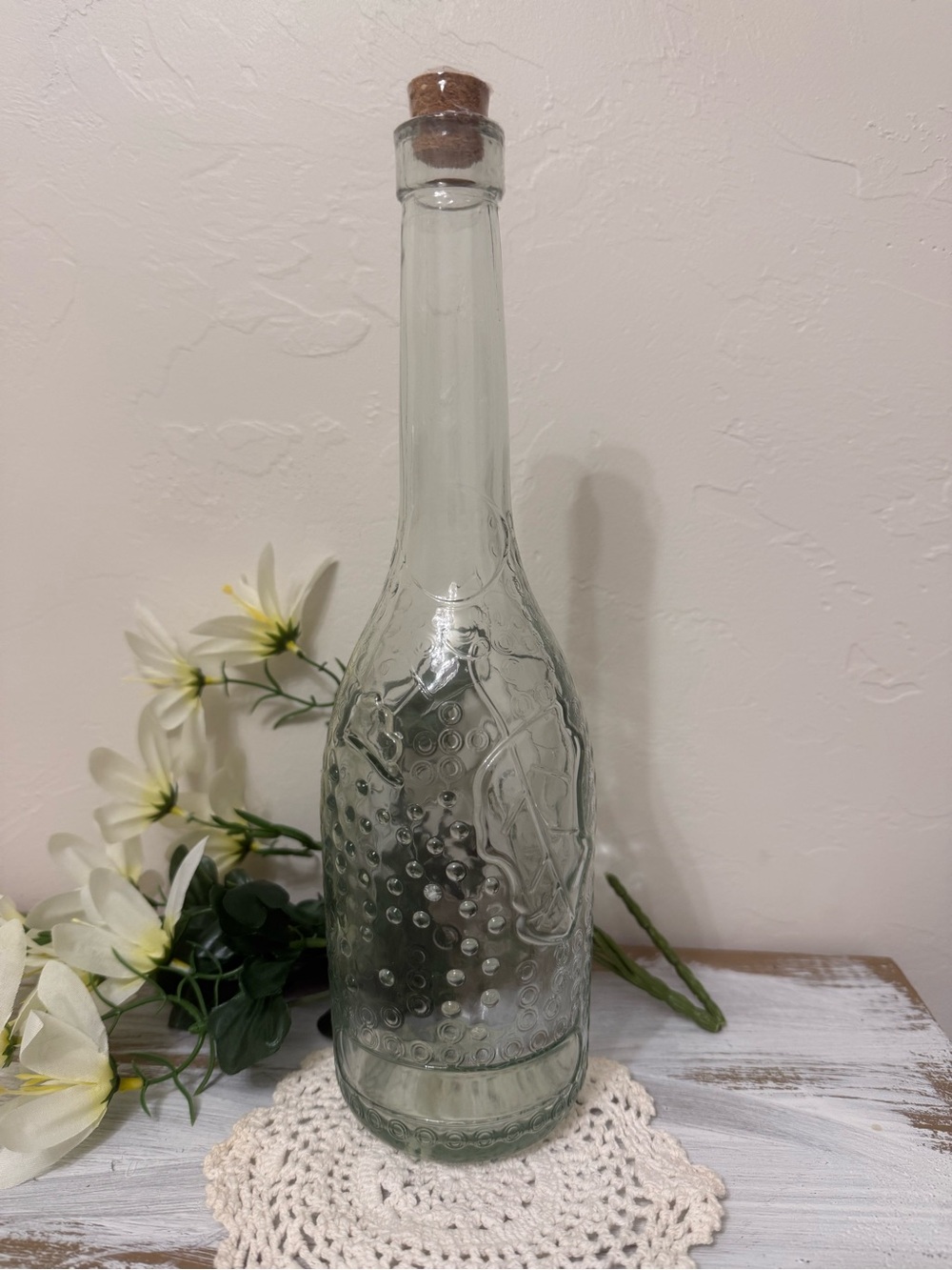 Tall Embossed Glass Bottle with Cork Stopper – New